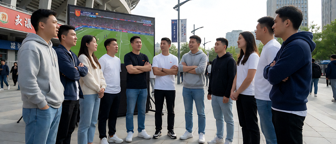 球迷聚集在体育场外一起观看比赛直播并交流讨论